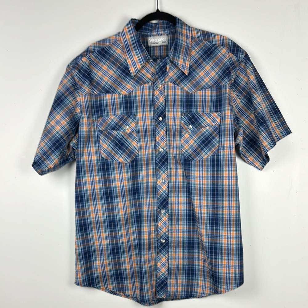 WRANGLER RANCHER SHIRTS EUC blue yellow white plaid short sleeve snaps easy care
